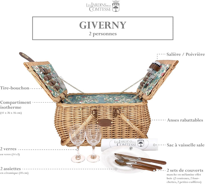 Les Jardins de la Comtesse - Picknickkorb Giverny – 2 Personen – Grün – komplett mit Kühlfach – Gesc