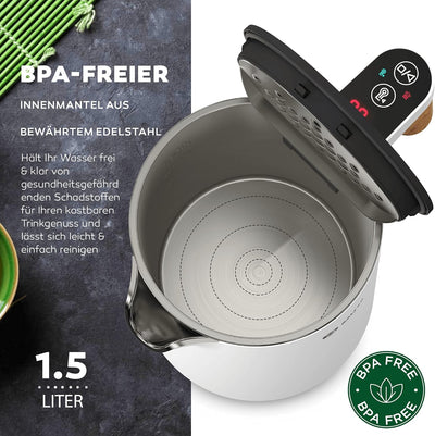 BALTER Edelstahl Wasserkocher mit Temperatureinstellung, 45°C-100°C, Doppelwand, BPA frei, leise & k