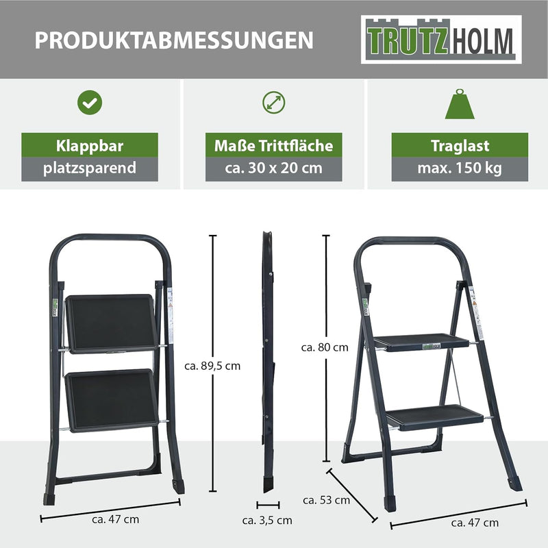 TRUTZHOLM Trittleiter 2 oder 3 Stufen klappbar TÜV/GS Zertifiziert 150 kg Klappleiter Anti-Rutsch Tr