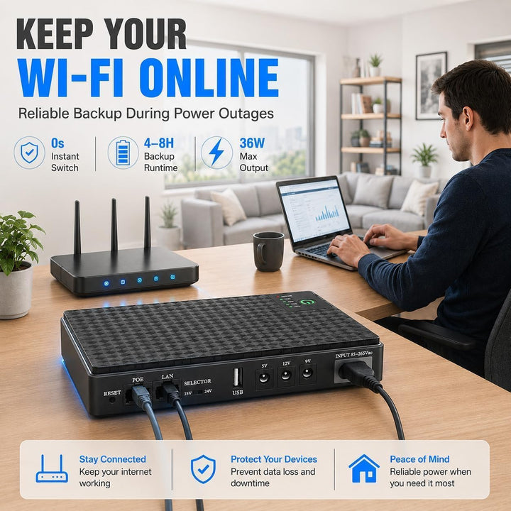 Mini-USV Batterie-Backup für Router – Integrierter 10400mAh Akku, Überspannungsschutz mit PoE – Ausg