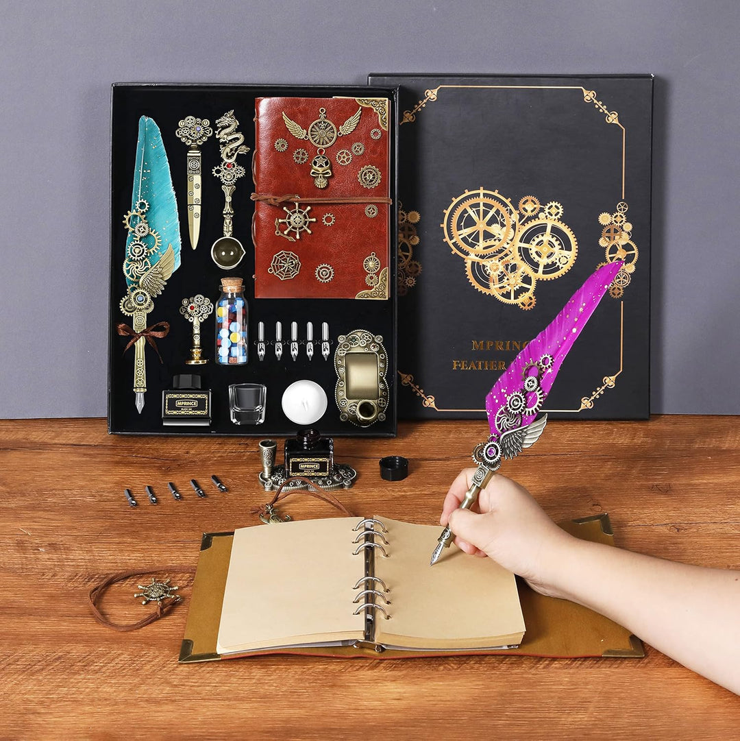 MPRINCE Schreibfeder Tinte Set Leder Notizbuch mit Quill Stift, Notizbuch, 5 austauschbare Schreibfe