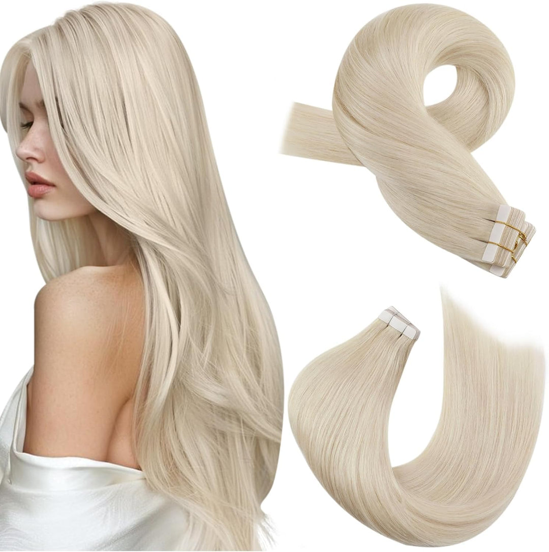 Moresoo Tape in Extensions Echthaar 60 cm Blonde Haarverlängerung Echthaar Tapes Platinblond Invisib