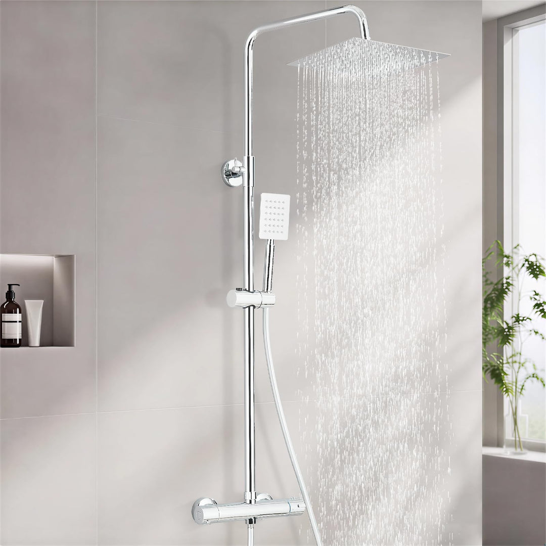 Thermostat Regendusche Komplettset Chrom Edelstahl Duscharmatur mit 20cm Überkopfbrause Höhenverstel