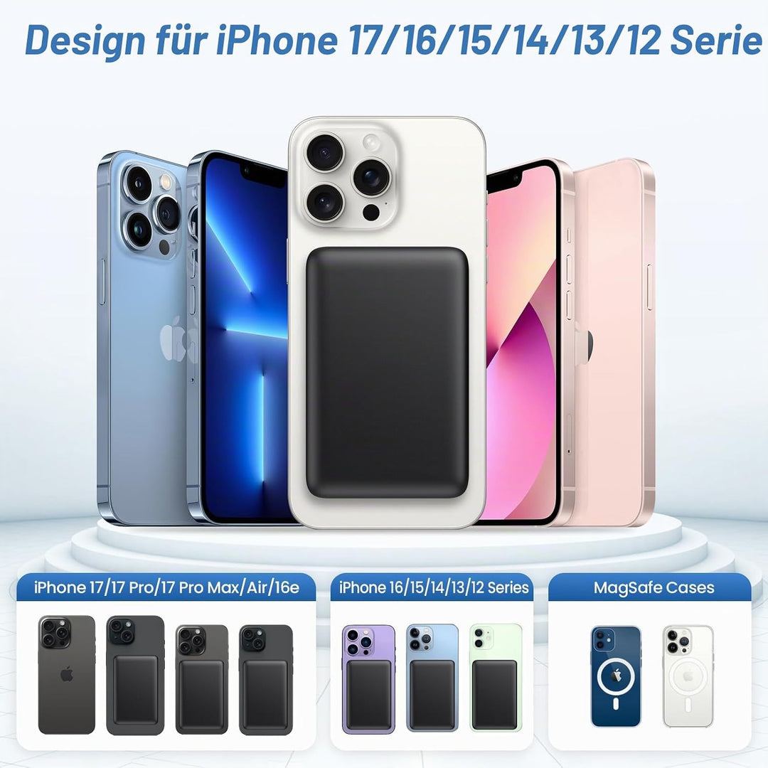 Magnetische Powerbank 10800mAh, PD 20W Schnellladung Wireless Power Bank mit USB-C Eingänge & Ausgan