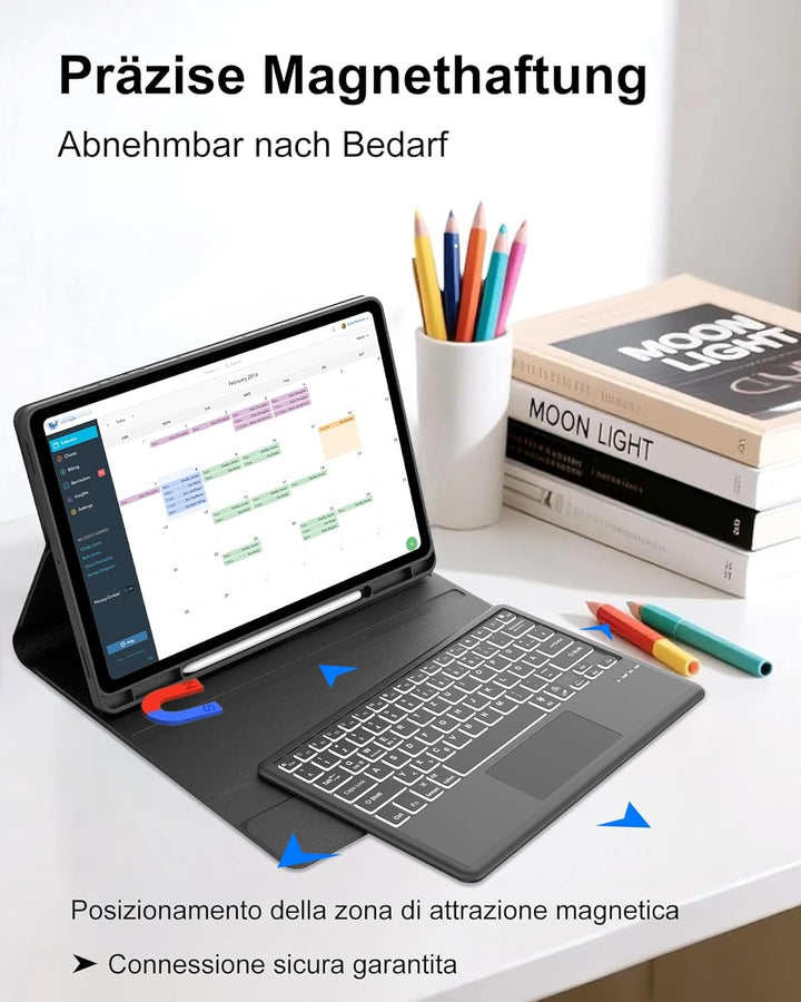 Für Galaxy Tab S10 FE Plus Hülle mit Beleuchteter Tastatur & Trackpad – 7-Farben RGB, Deutsches QWER