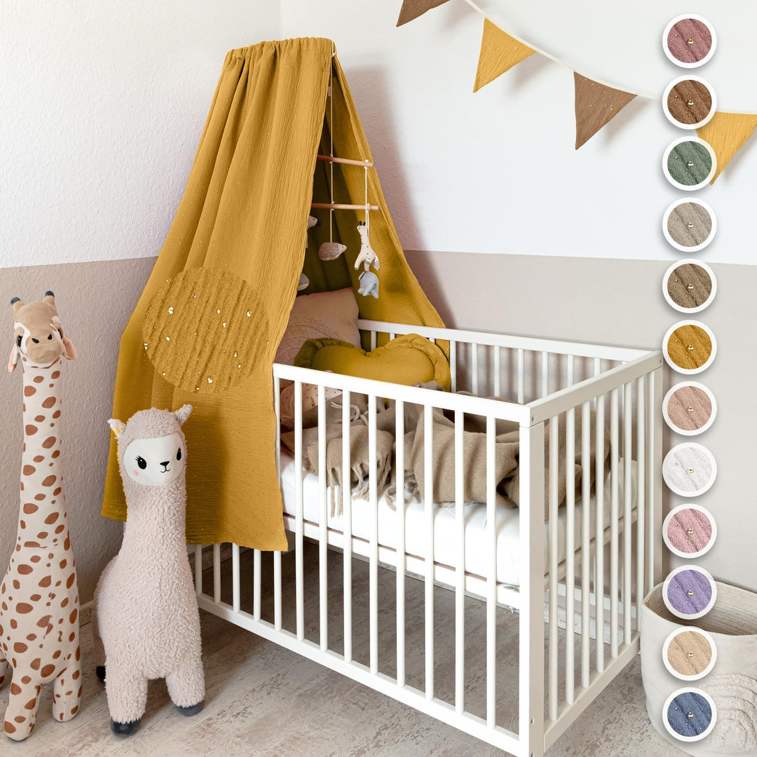 Betthimmel Babybett mit Goldapplikationen [in 12 Farben] Himmel Babybett aus 100% Baumwolle Musselin