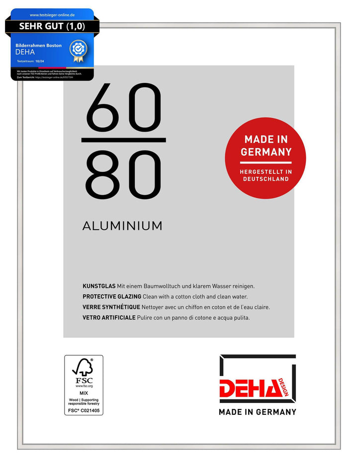 DEHA Design Bilderrahmen Boston, 60x80 cm, Aluminium Silber, bruchsicheres Acrylglas, für Poster und