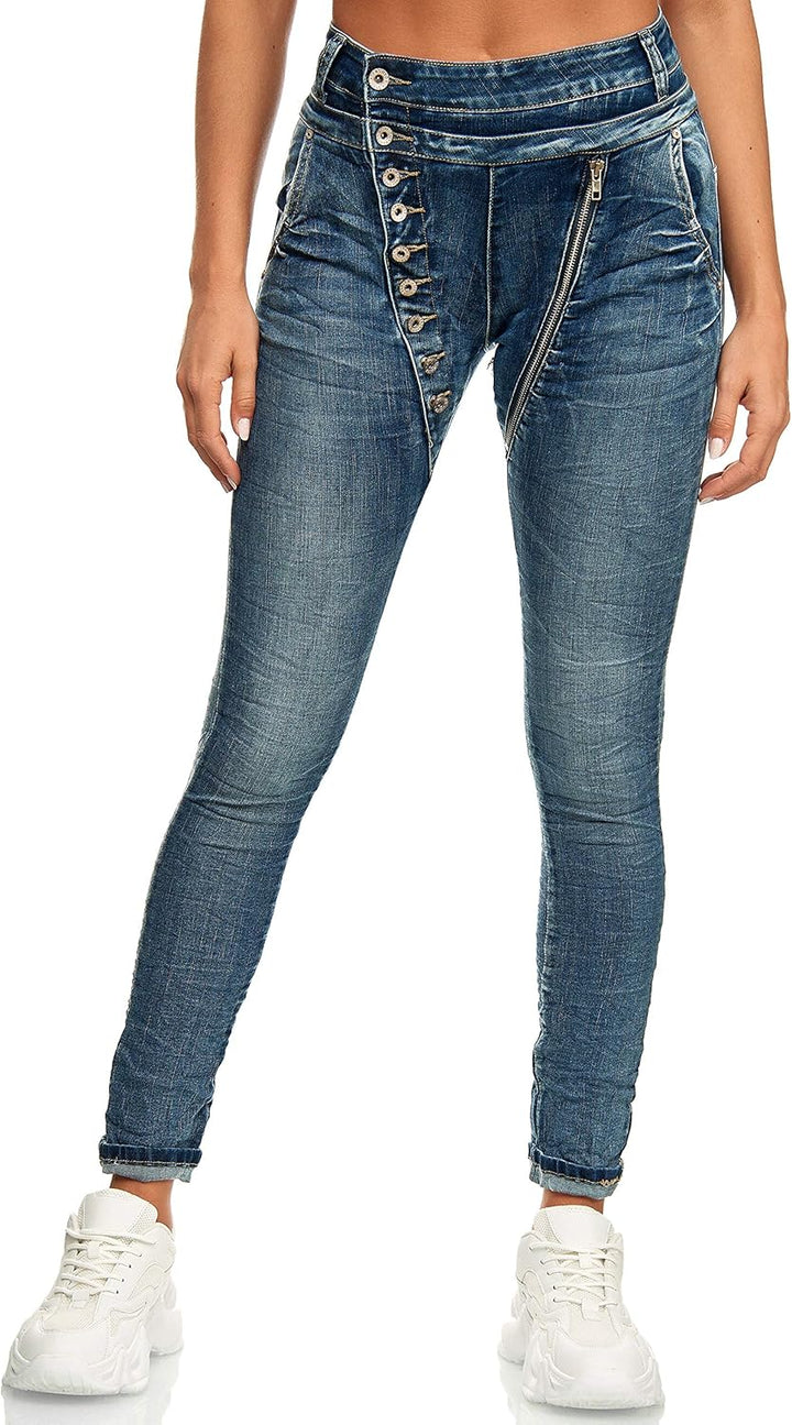 Elara Damen Jeans Boyfriend Knopfleiste Chunkyrayan 36 Slim Blau New York, 36 Slim Blau New York
