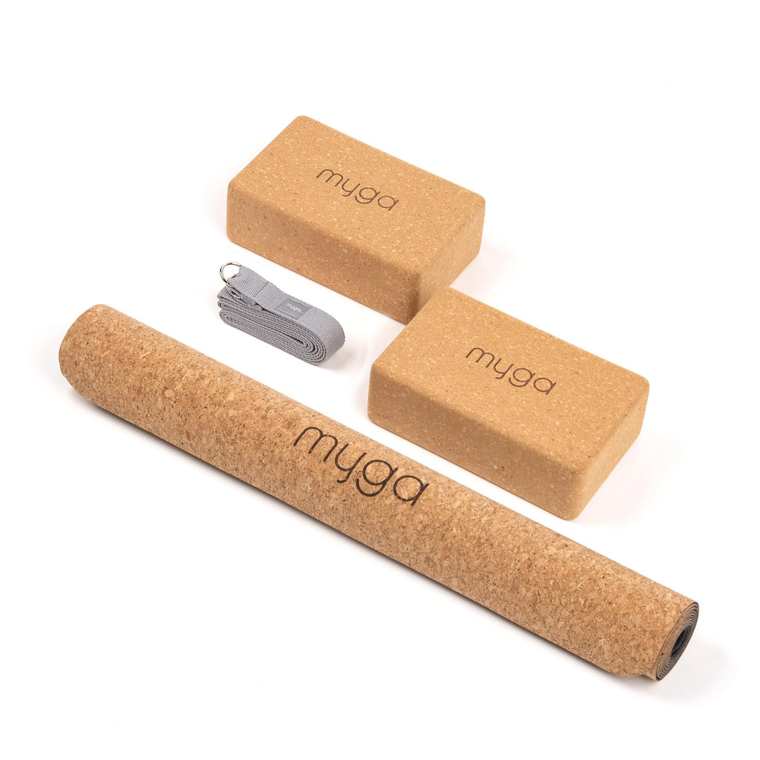 Myga Kork-Yoga-Starter-Set – Kork-Yoga-Matte, 2 Kork-Yoga-Blöcke und Yogagurt – Starter-Set mit Matt