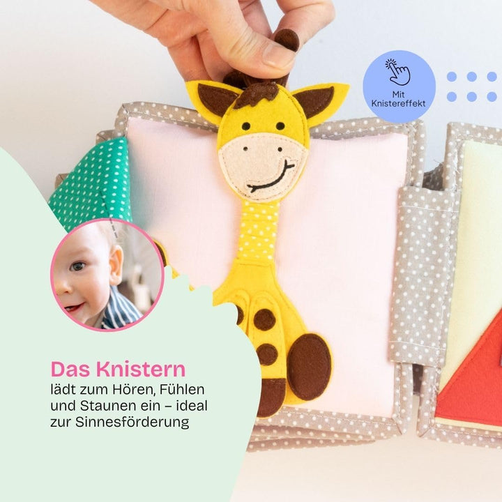 Jolly Designs – Mini Quiet Book Schillernder Papagei – Montessori Spielzeug ab 6 Monaten – Motorik &