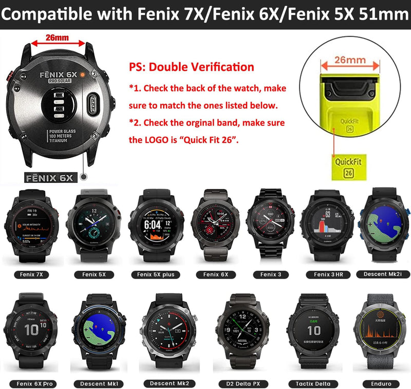 ANBEST Armband für Garmin Fenix 7X Pro/6X Pro/Fenix 5X Armband, 26mm Schnelle Passform Ersatzarmband