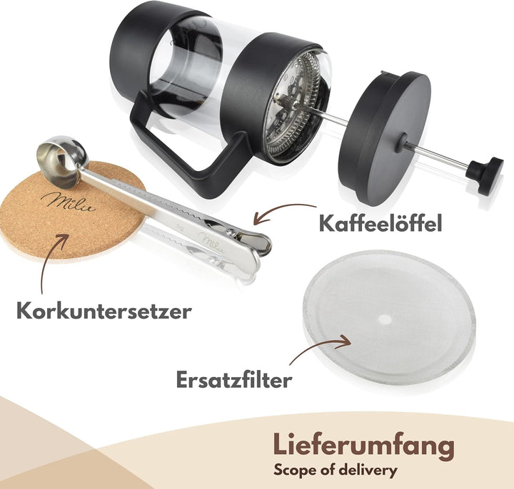 Milu French Press Kaffeebereiter | 350ml, 600ml, 1L | Glas Kaffeepresse, Kaffeezubereiter für Zuhaus