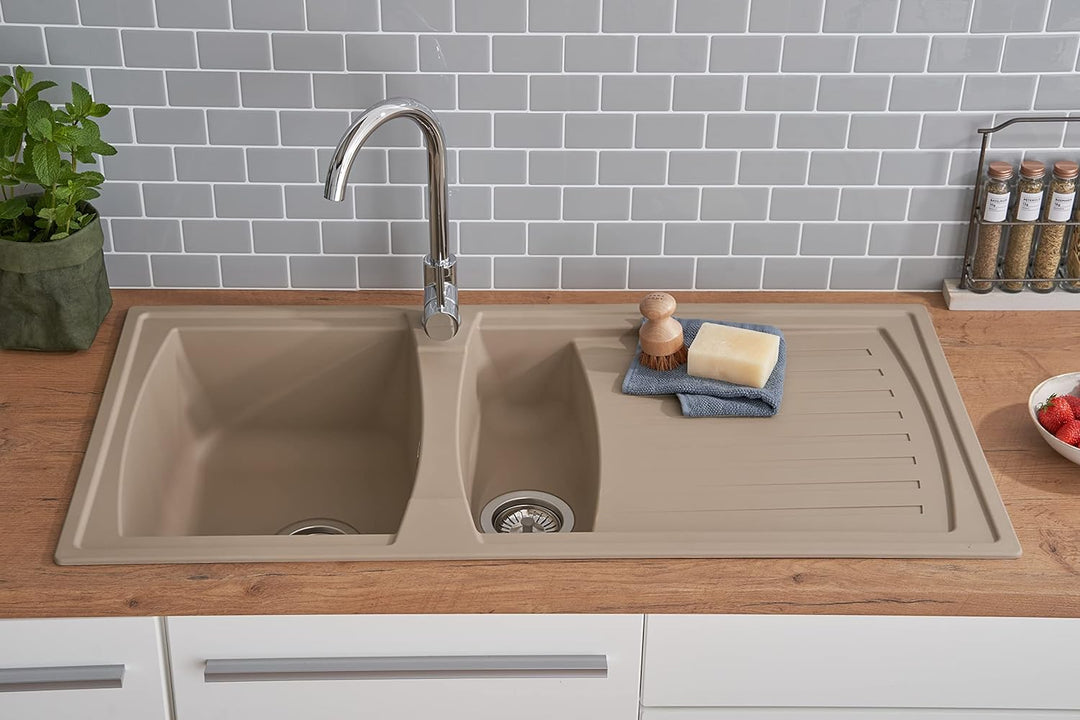 Respekta Boston Mineralitespüle in Sandbeige / 1,5 Becken Einbauspüle in 100 x 50 cm/Spülbecken geei