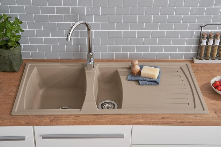 Respekta Boston Mineralitespüle in Sandbeige / 1,5 Becken Einbauspüle in 100 x 50 cm/Spülbecken geei