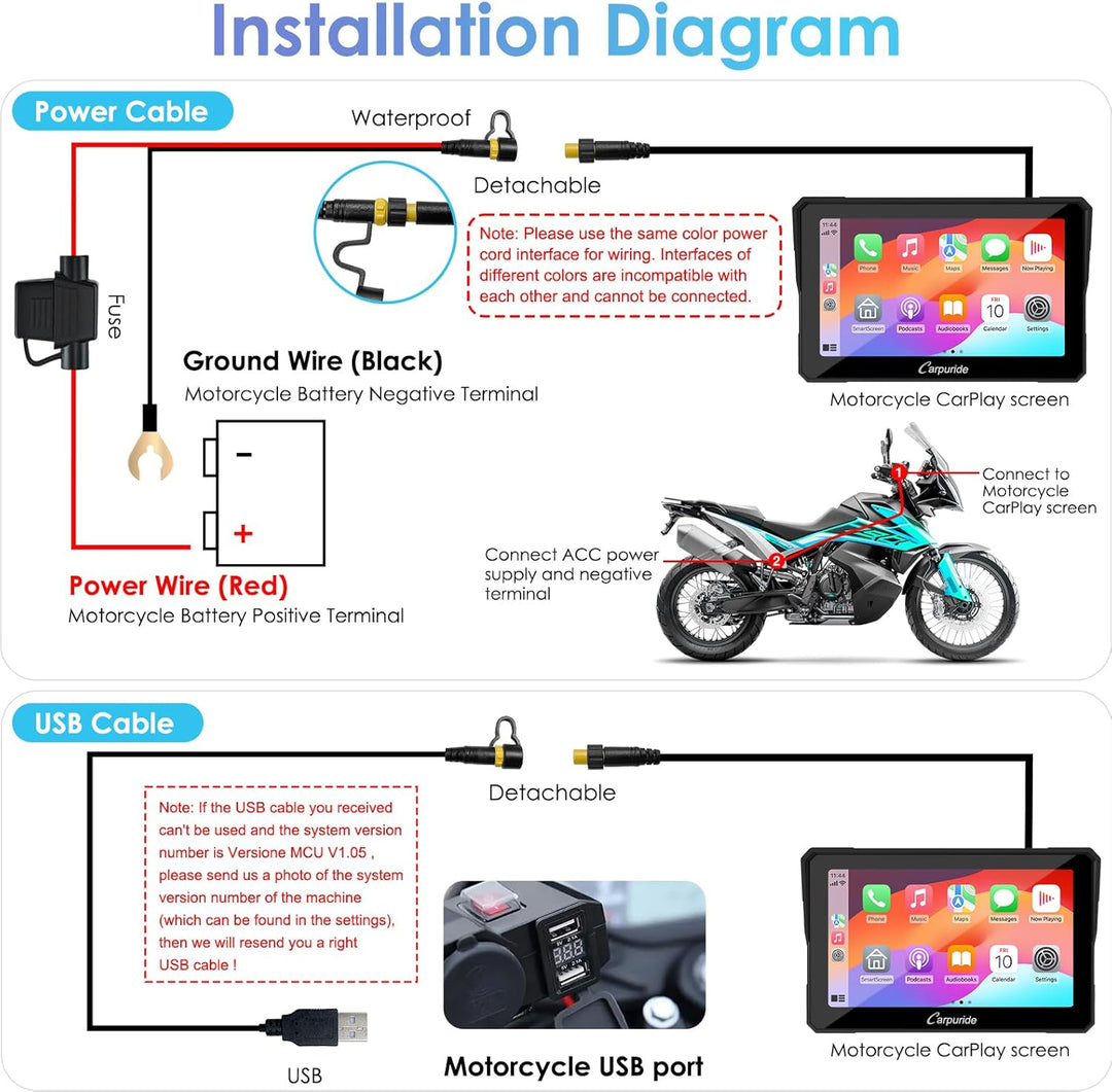 Carpuride W702 Motorrad GPS Carplay Bildschirm, Kabelloses CarPlay und Android Auto, Tragbarer 7 Zol
