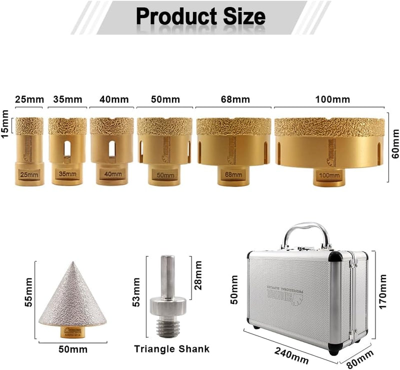 SHDIATOOL Diamantbohrer M14 Gewinde 25/35/40/50/68/100/50mm Diamantfasenbits/Dreiecksschaft Adapter
