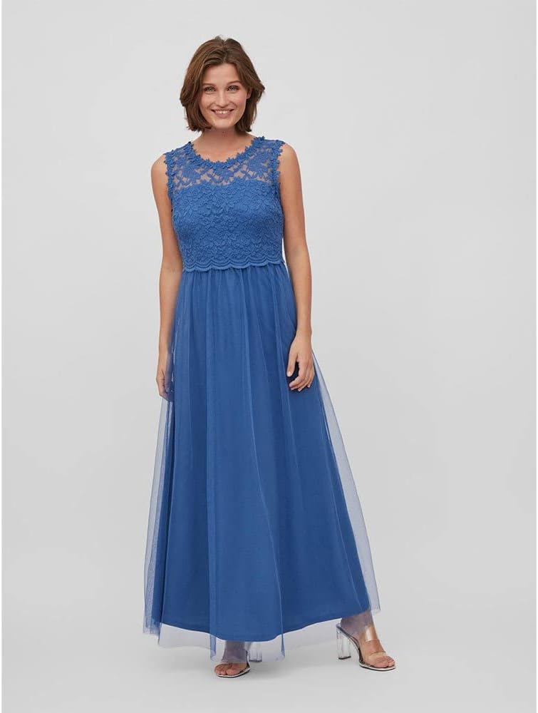 Vila Damen Vilynnea Maxi Dress-Noos Kleid, Federal Blue/Detail:elastic