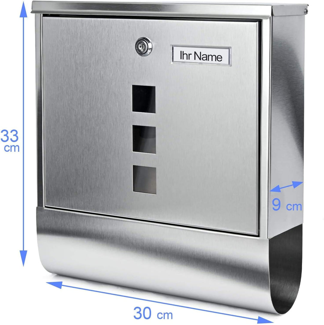 Personalisierter Briefkasten mit Zeitungsfach und 3 Sichtfenster, Edelstahl Postkasten Designer Wand
