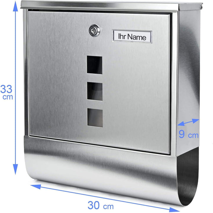 Personalisierter Briefkasten mit Zeitungsfach und 3 Sichtfenster, Edelstahl Postkasten Designer Wand