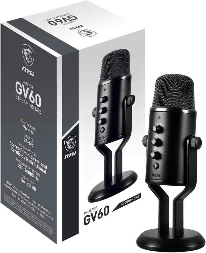 MSI Immerse GV60 Streaming Mikrofon (96 kHz Sample Rate, 24-bit Bit Rate, 20-20.000 Hz, USB-C zu USB