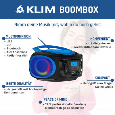 KLIM Boombox Radio mit CD Player - NEU 2024 - FM-Radio, CD Player, Bluetooth, MP3, USB, AUX - Inklus