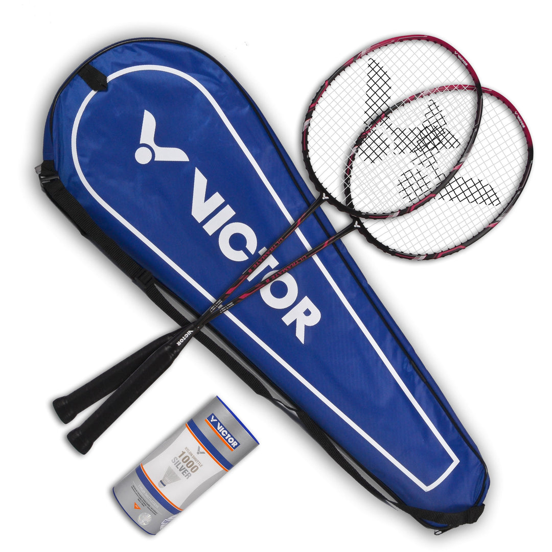 VICTOR Ultramate 8 Badmintonschläger, 100% Graphit, als Schläger oder Set pink Paket Single, pink Pa