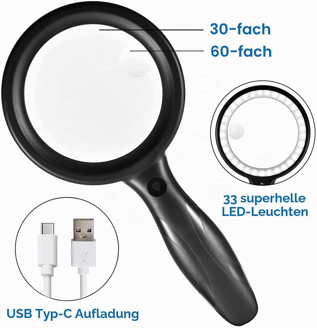 Lupe mit Licht, 60 Fach 30 Fach 33 LED Handlupe 30X Leselupe mit Licht, USB-Aufladung Lupe 3 Modi Le