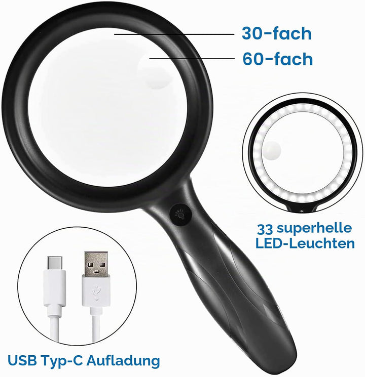 Lupe mit Licht, 60 Fach 30 Fach 33 LED Handlupe 30X Leselupe mit Licht, USB-Aufladung Lupe 3 Modi Le
