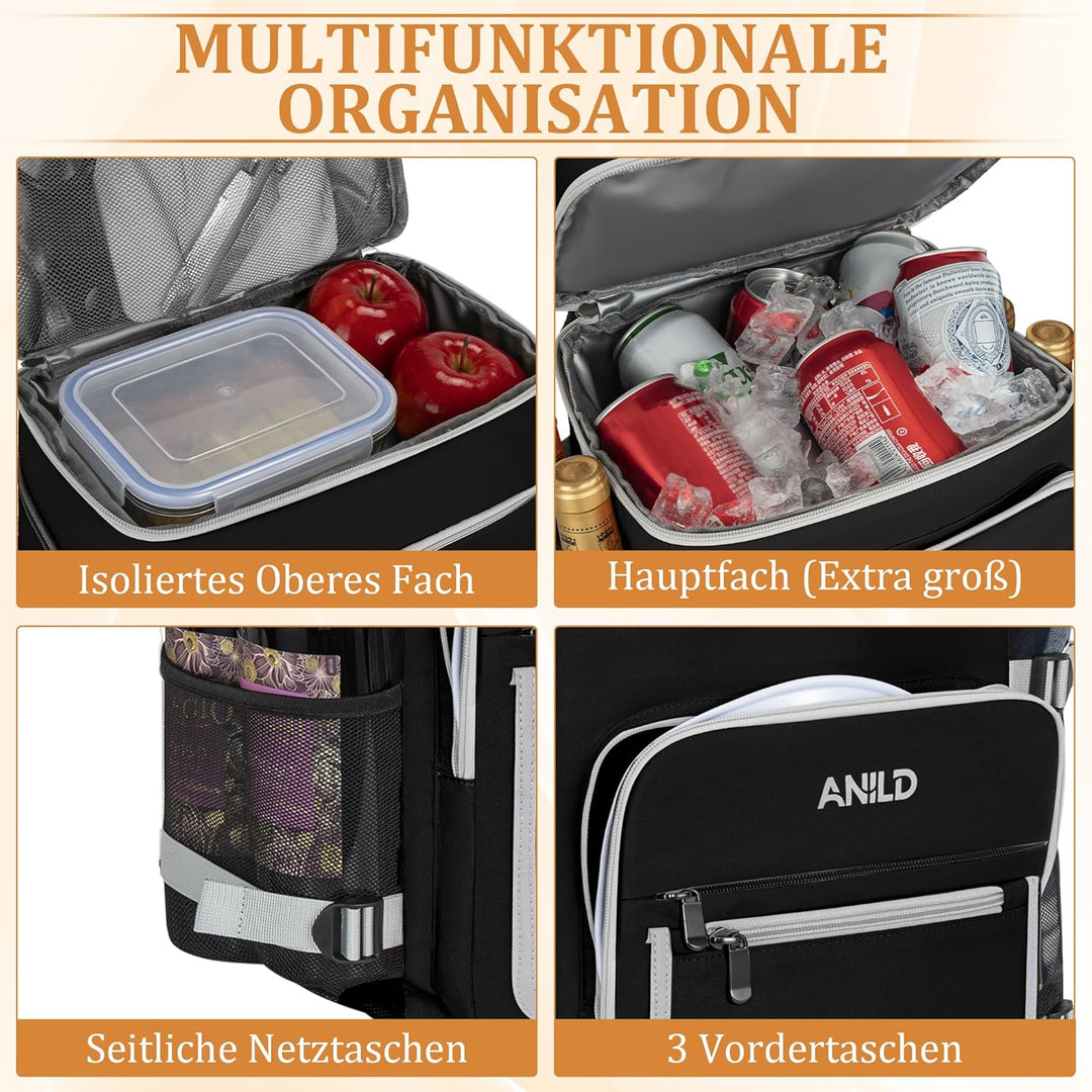 40 Dosen Isolierter Kühlrucksack 30L, Thermo Rucksack Gross, Auslaufsichere wasserdichte Picknickruc