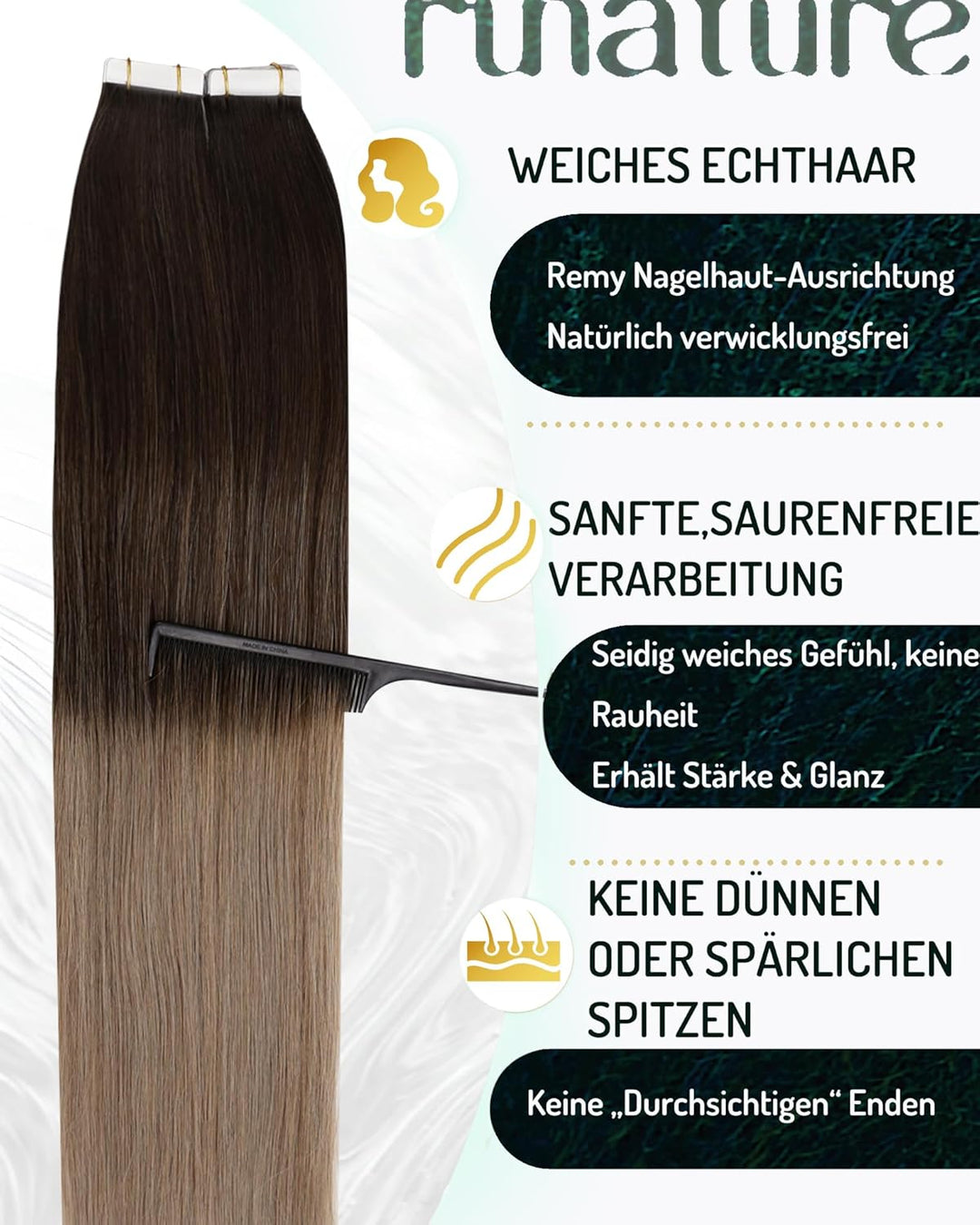 RUNATURE Tape in Extensions Echthaar Balayage Braun Blond 60cm Ombre Haarverlängerung 50g 20pcs #2/6