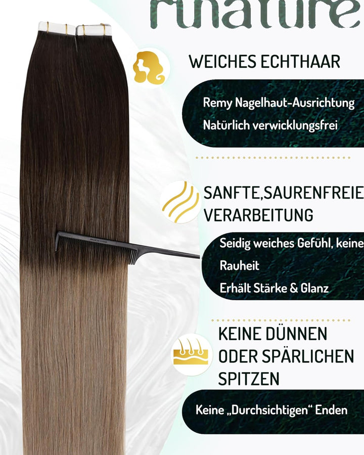 RUNATURE Tape in Extensions Echthaar Balayage Braun Blond 60cm Ombre Haarverlängerung 50g 20pcs #2/6
