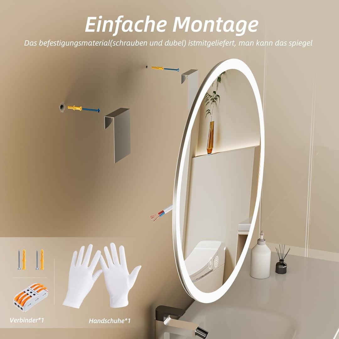 HySail Badspiegel mit Beleuchtung, 5mm Hochauflösender Silber-Spiegel, 3 Farbtemperaturen & Dimmbare