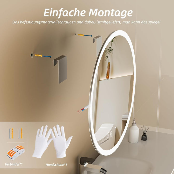 HySail Badspiegel mit Beleuchtung, 5mm Hochauflösender Silber-Spiegel, 3 Farbtemperaturen & Dimmbare
