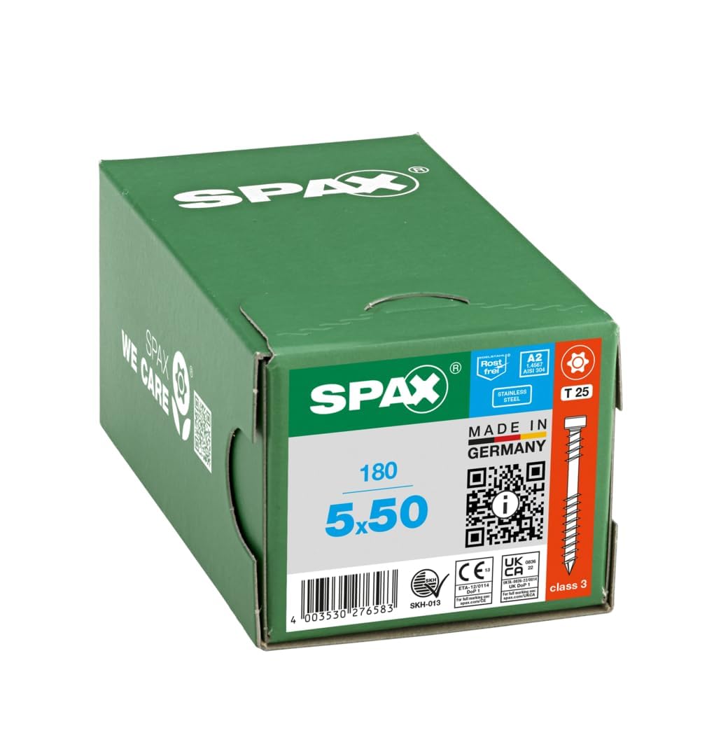 SPAX Terrassenschraube, 5 x 50 mm, 180 Stück, Fixiergewinde, Zylinderkopf, T-STAR plus T25, CUT, Ede