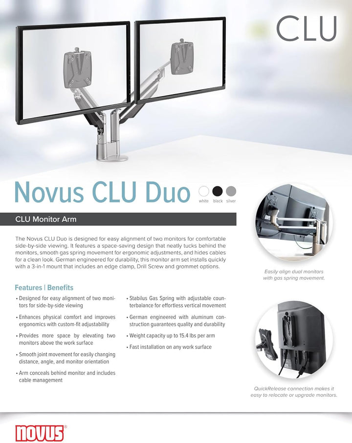 Novus CLU Duo Monitorarm Set, einfache Ausrichtung für Side-by-Side Viewing, 3 in 1, schnelle Montag