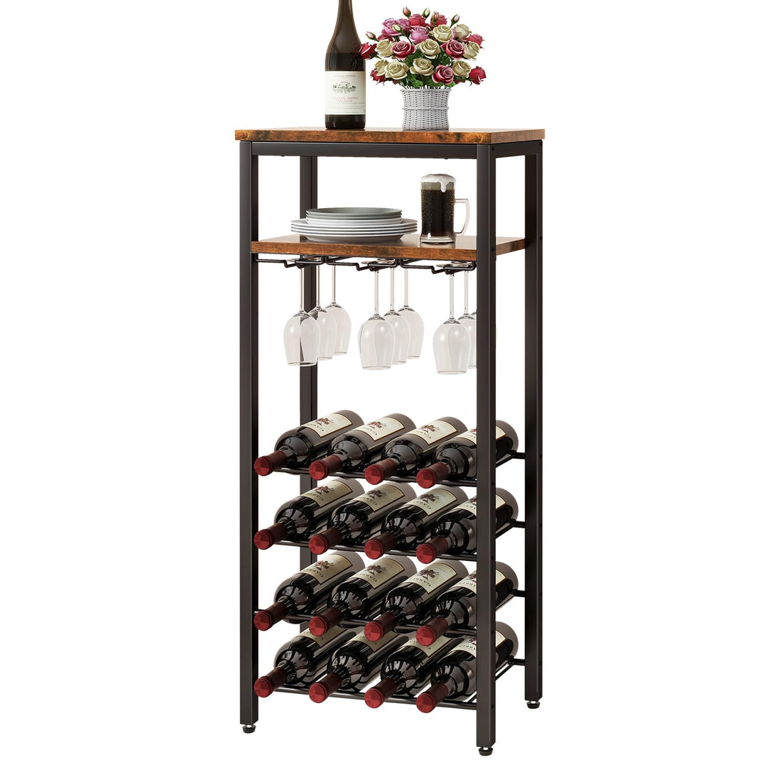 IBUYKE Weinregal für 16 Flaschen,Freistehendes Weinregal Metall mit Glashalter,Weinschrank Display,M