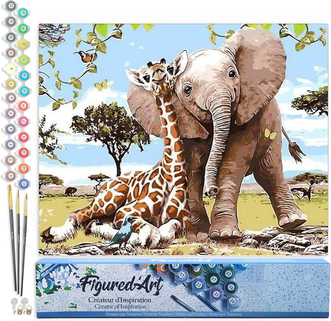 Figured'Art Malen Nach Zahlen Erwachsene Elefant und Giraffe - Paint by Numbers Basteln DIY Bastelse