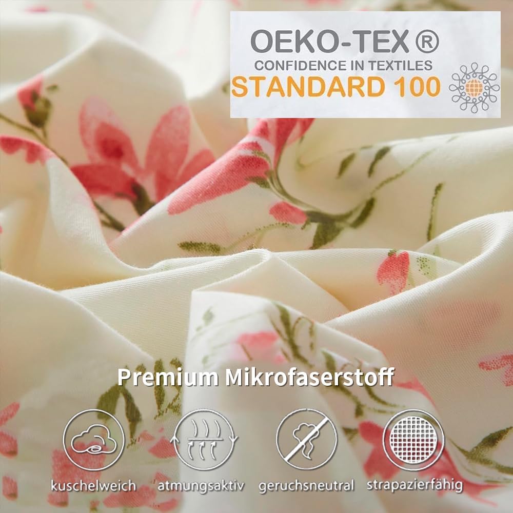Freyamy Blumen Bettwäsche 135x200cm 2teilig Beige Rosa Blätter Pflanzen Floral Wendbar Bettwaren-Set