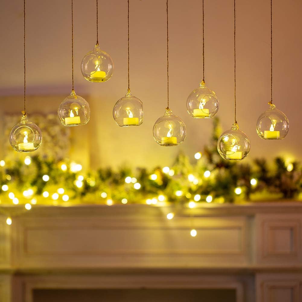 Sziqiqi 8cm Windlicht Hängend Glas Teelichter Halter 24 Stücke Kerzenleuchter Glasanhänger mit LED K