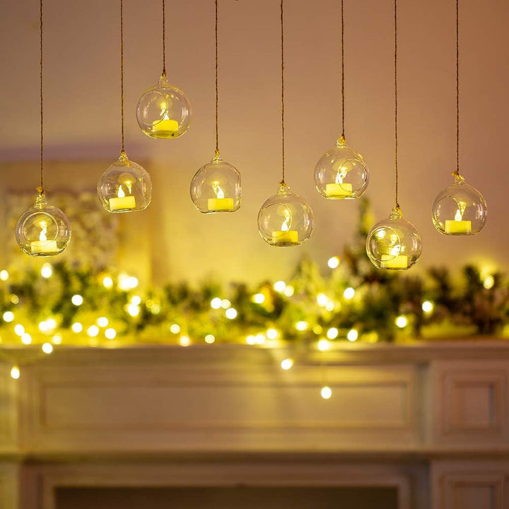 Sziqiqi 8cm Windlicht Hängend Glas Teelichter Halter 24 Stücke Kerzenleuchter Glasanhänger mit LED K