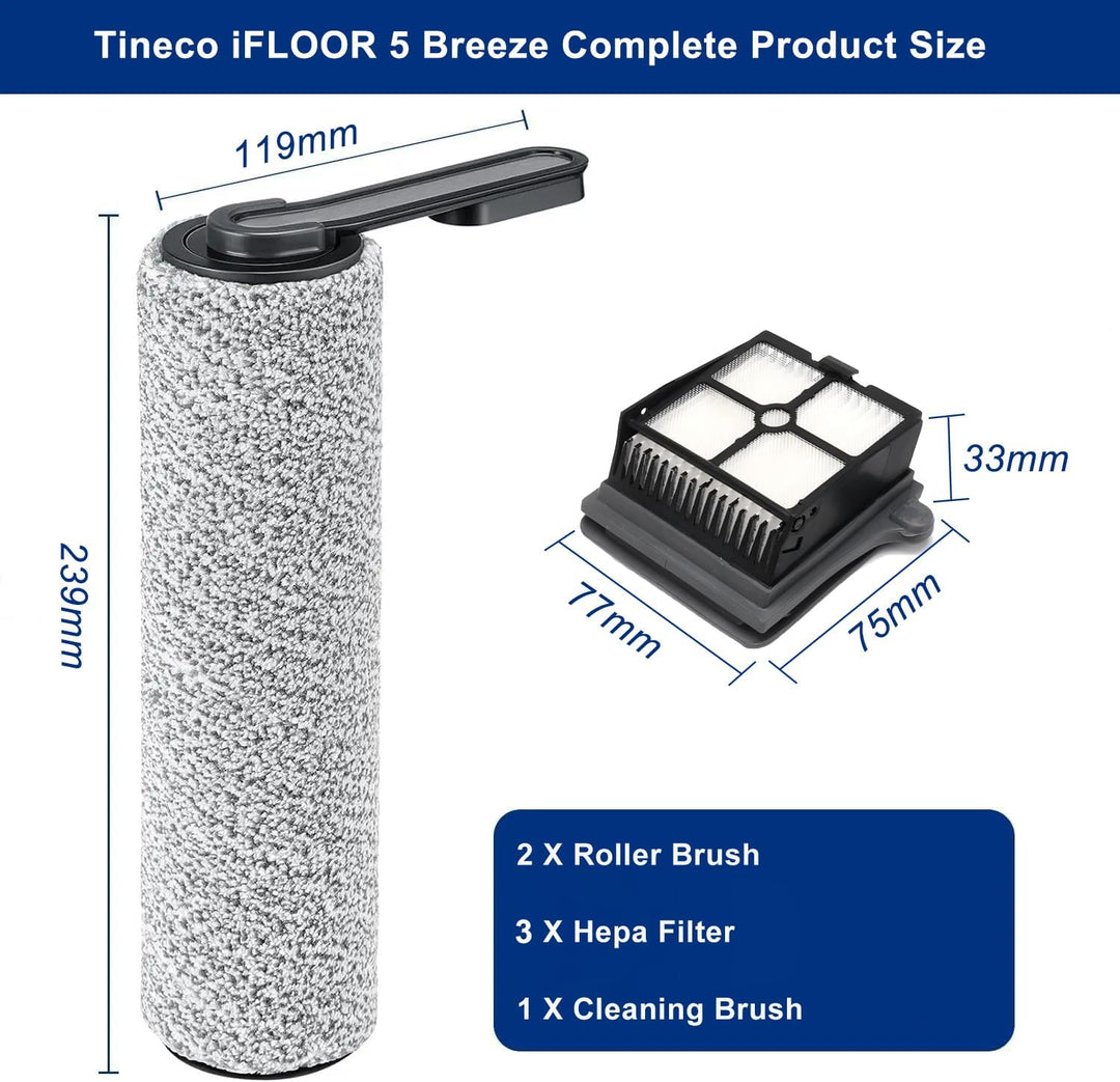 Zubehör für Tineco iFLOOR 5 Breeze Complete, 2 Bürstenrolle 3 Filter Nass Trockensauger Ersatzteile,