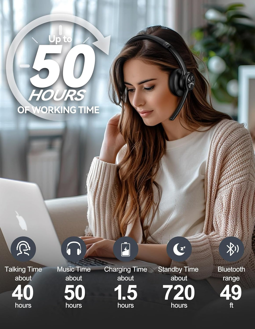 TECKNET V5.2 Bluetooth Headset mit Mikrofon, Wireless Headset mit Noise Cancelling und Stummschaltun