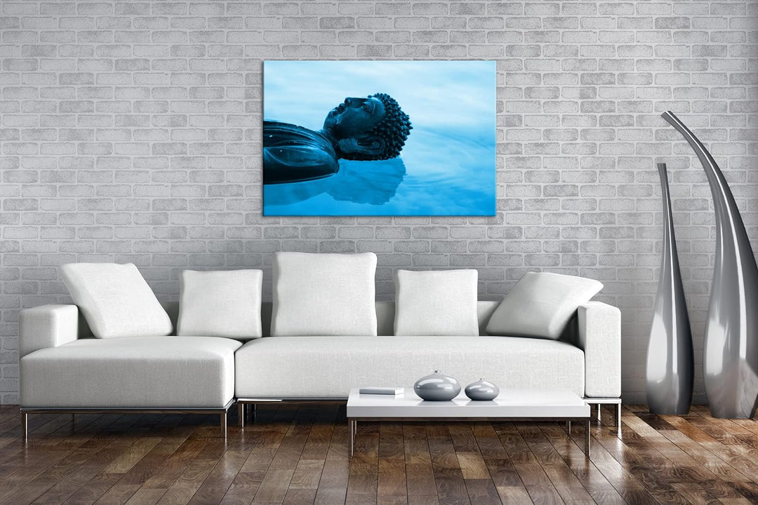 deyoli Buddha Statue am Wasser Format 80x60 Effekt: Monocrome Blau als Leinwandbild, Motiv fertig ge