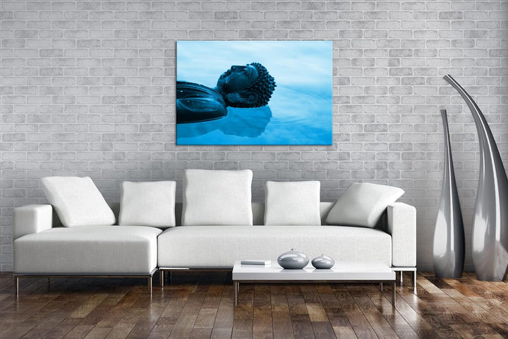 deyoli Buddha Statue am Wasser Format 80x60 Effekt: Monocrome Blau als Leinwandbild, Motiv fertig ge