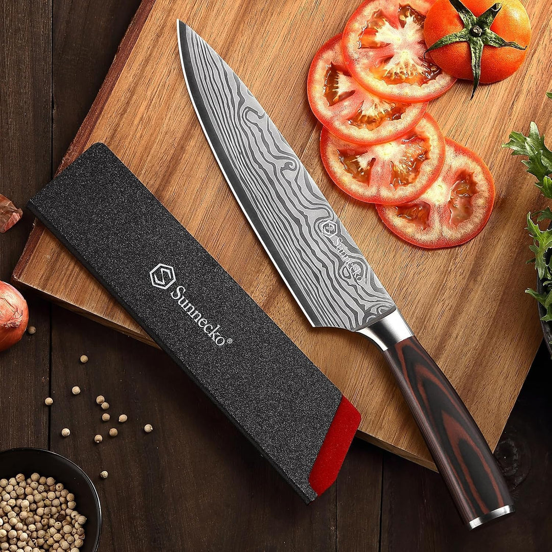 Sunnecko 20cm Kochmesser Deutschem Edelstahl Küchenmesser mit Pakkaholz Griff Allzweckmesser Küche S