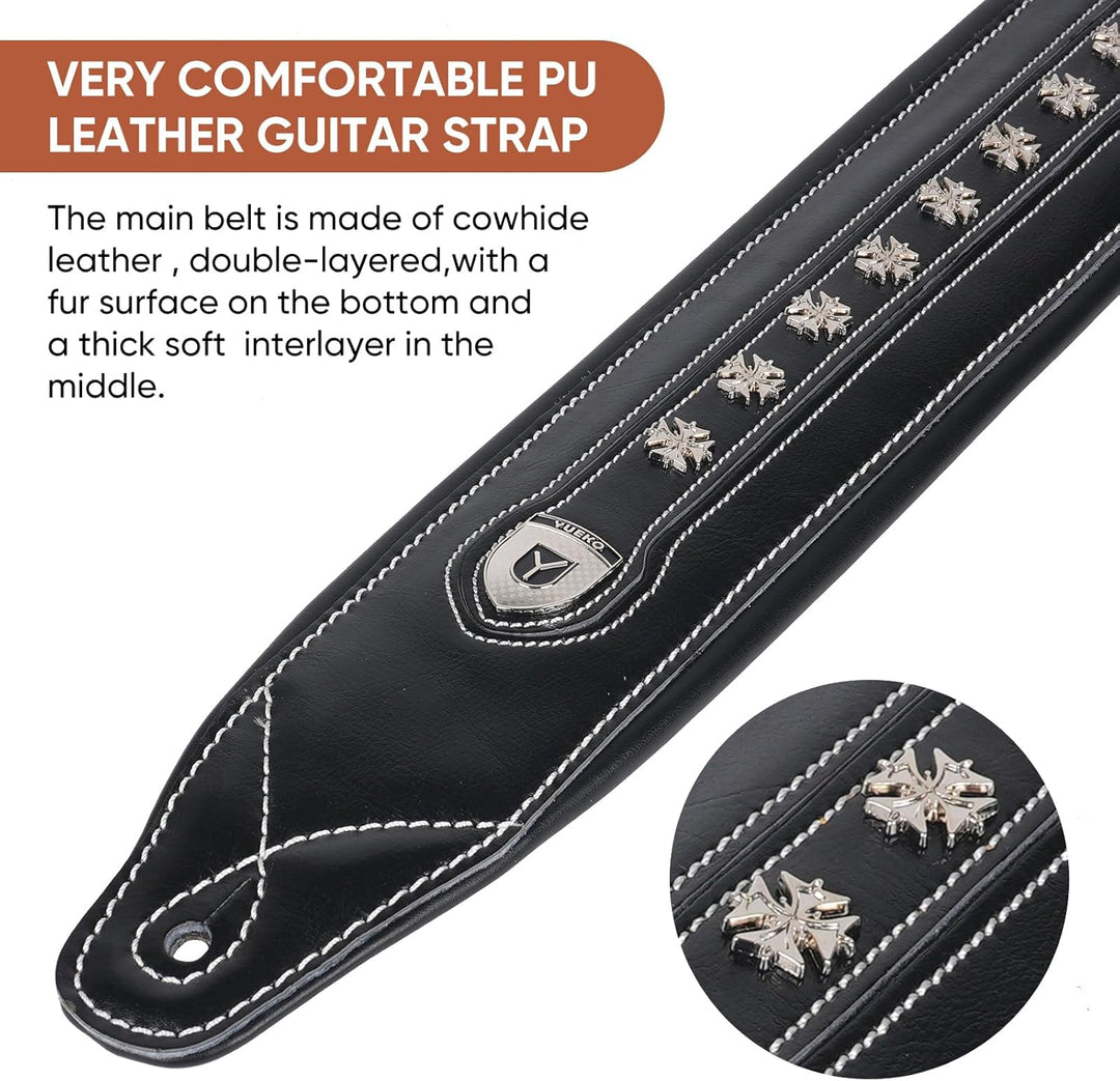 yueko Rindsleder Leder und PU Gitarrengurt Gurt Band für Akustik E-Gitarre Bass mit Metall Nieten, Y