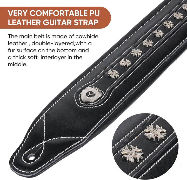 yueko Rindsleder Leder und PU Gitarrengurt Gurt Band für Akustik E-Gitarre Bass mit Metall Nieten, Y