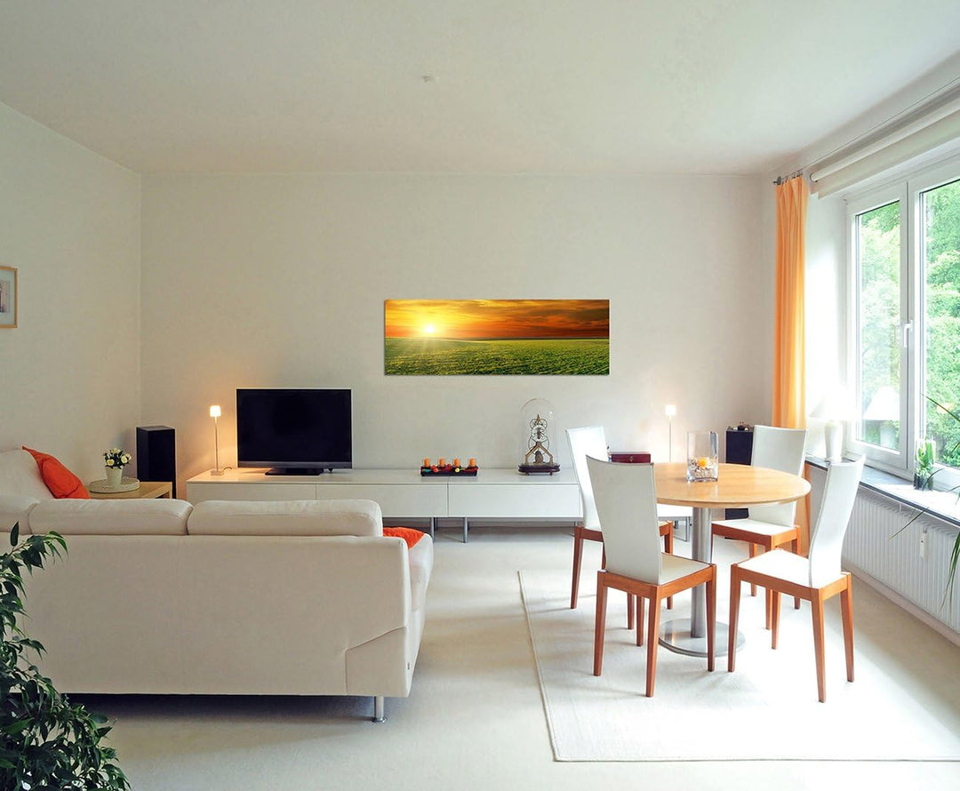 Paul Sinus Art Panoramabild auf Leinwand und Keilrahmen 150x50cm Feld Wiese Frühling Sonnenuntergang