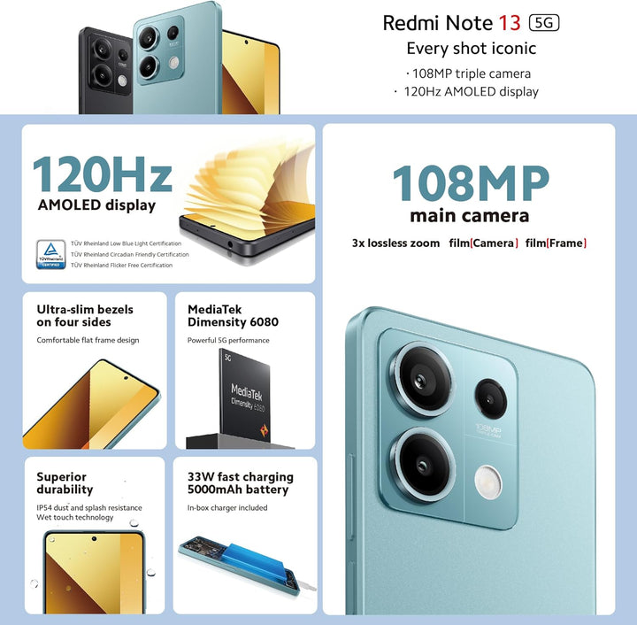 Xiaomi Redmi Note 13 5G 6GB+128GB Handy ohne Vertrag, White (DE Version + 2 Jahre Garantie) White 6+
