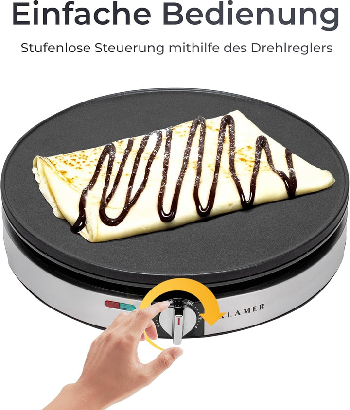 KLAMER Crepes Maker, Backfläche mit 30cm Ø, antihaftbeschichtete Platte, inkl. Teigverteiler und Wen